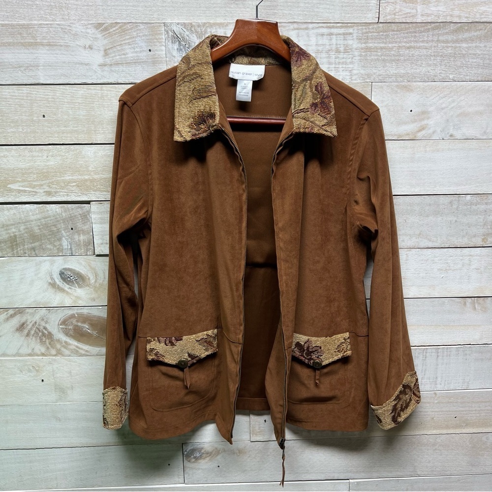 Susan Graver Floral Tapestry Jacket Medium Western Cowgirl Fringe Brown - Picture 9 of 13
